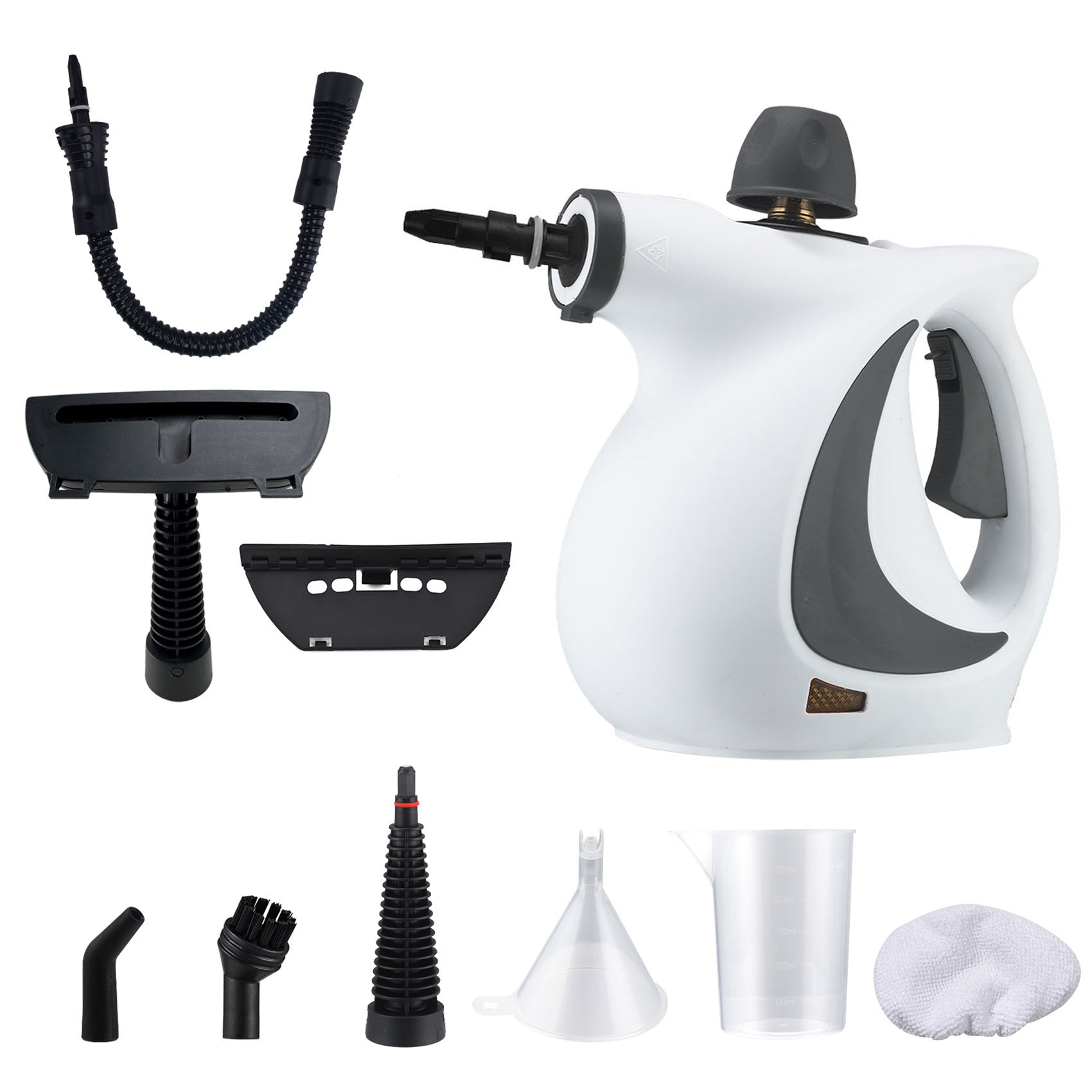 Everything included with the Sanora steam cleaner: nine accessories laid out
